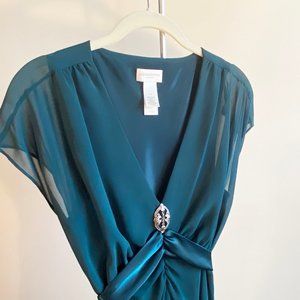 Liz Claiborne Teal Chiffon Dress w/ Brooch & Satin Tie Waist, Perfect Condition